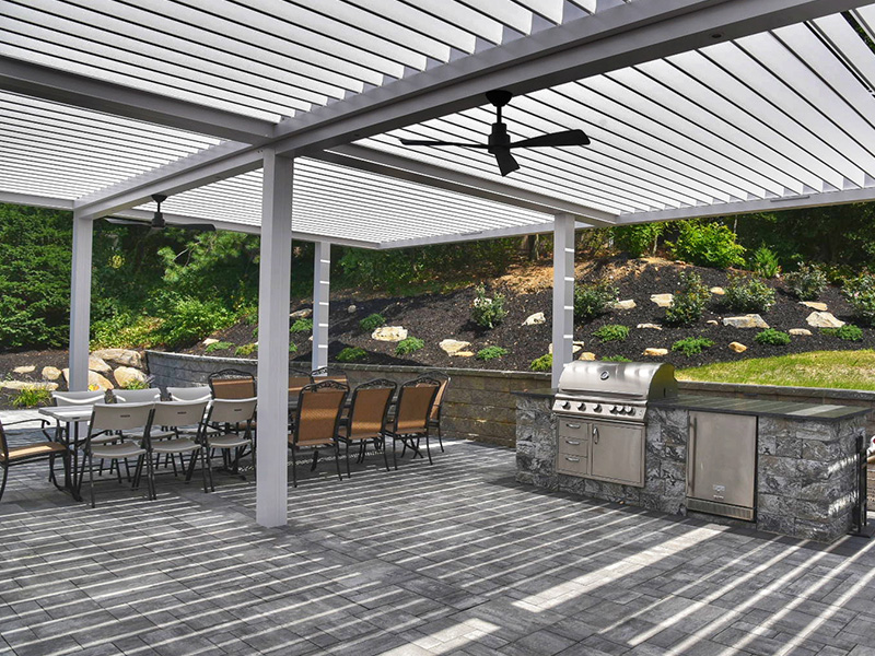 White and Grey outdoor space with a pergola Azenco - Melville, NY