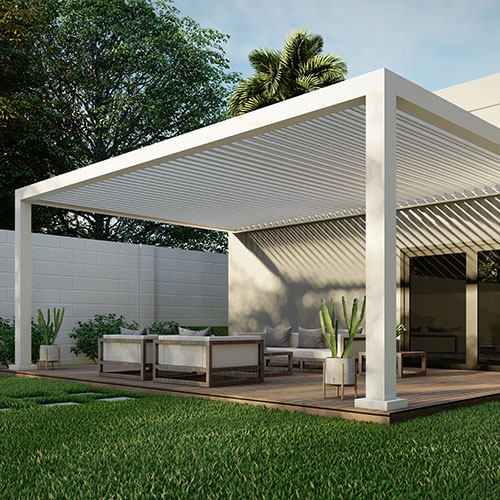 3D rendeing of the R-BREEZE pergola with angled louvers - Azenco