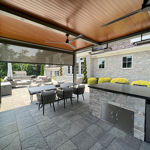 R-SHADE insulated pergola with fans and screens in NJ - Azenco Outdoor