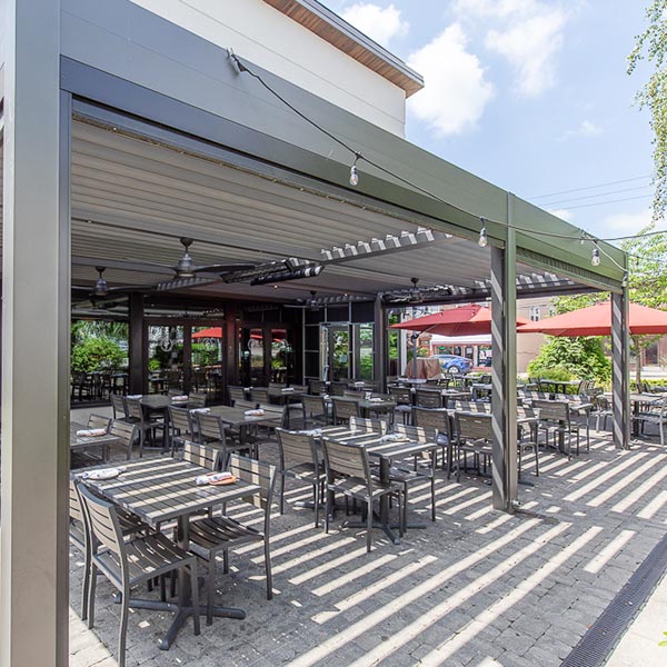 open and close pergola roof for restaurants - model R-BLADE by Azenco in Pleasantville, New York