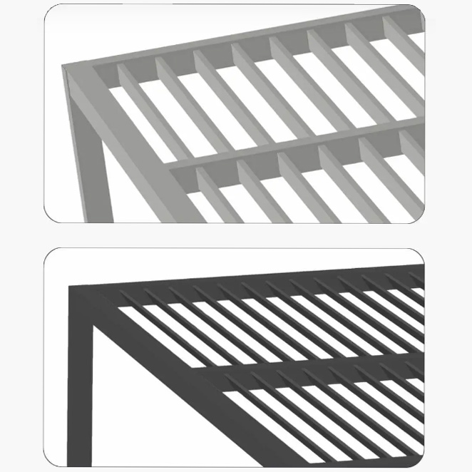 3D details of angled and vertical louvers of the R-BREEZE fixed louvered pergola by Azenco